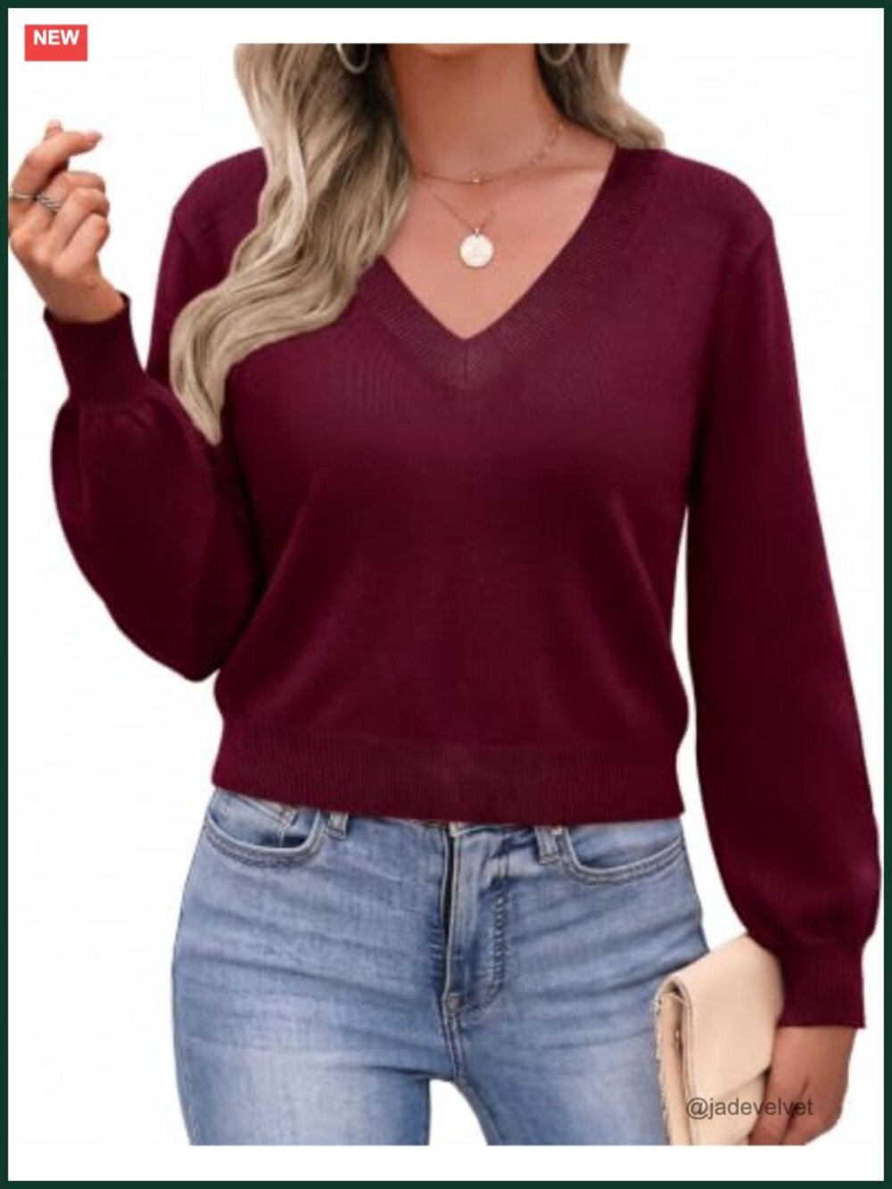 Women V-Neck Cropped Sweater Long Sleeve Knit Pullover Top